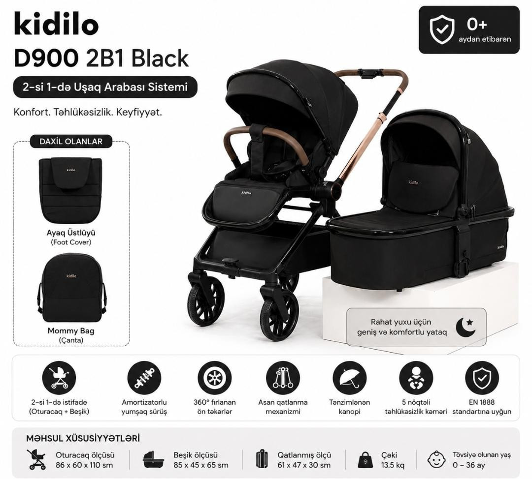 Uşaq arabası Kidilo D900 2in1, qara