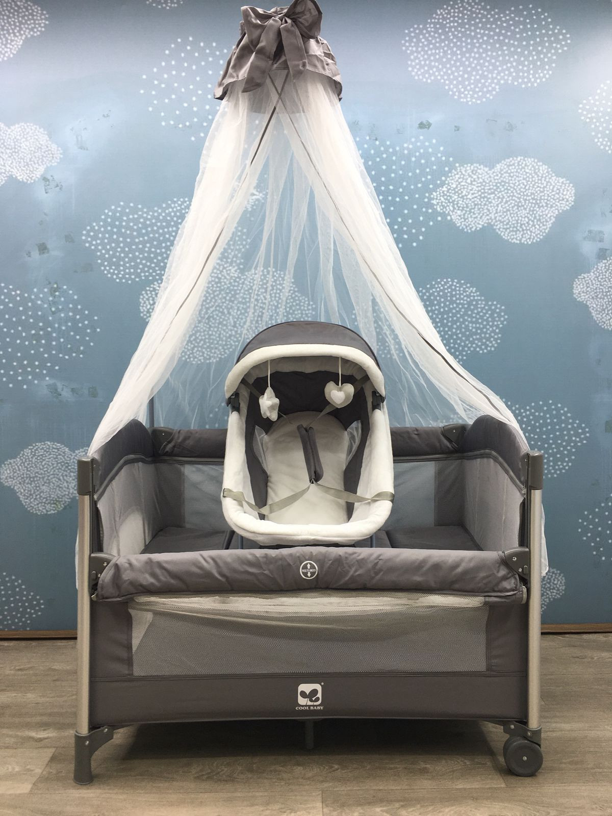 Uşaq maneji-çarpayı Cool Baby, boz, 110x76x75 sm
